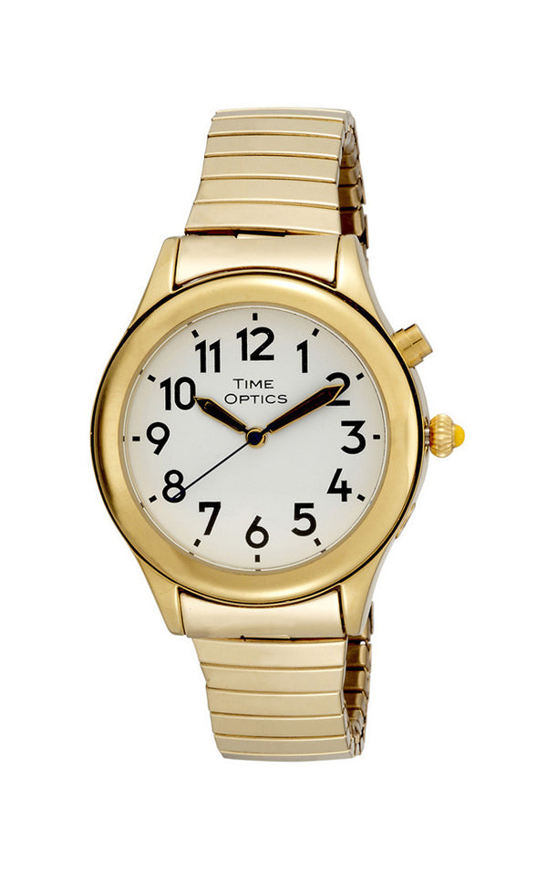 TimeOptics Women's Talking Gold-Tone Day Date Alarm Expansion