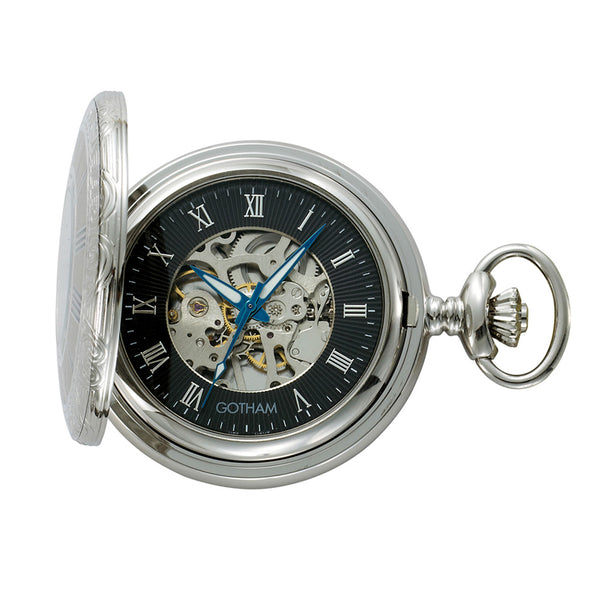 Gotham Men's Silver-Tone 17 Jewel Mechanical Covered Pocket Watch