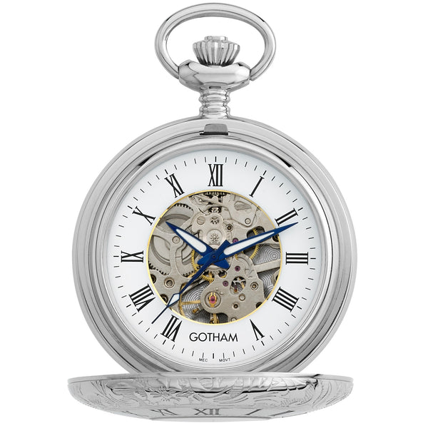 Gotham Men's Silver-Tone 17 Jewel Mechanical Exhibition Pocket Watch #  GWC14040S