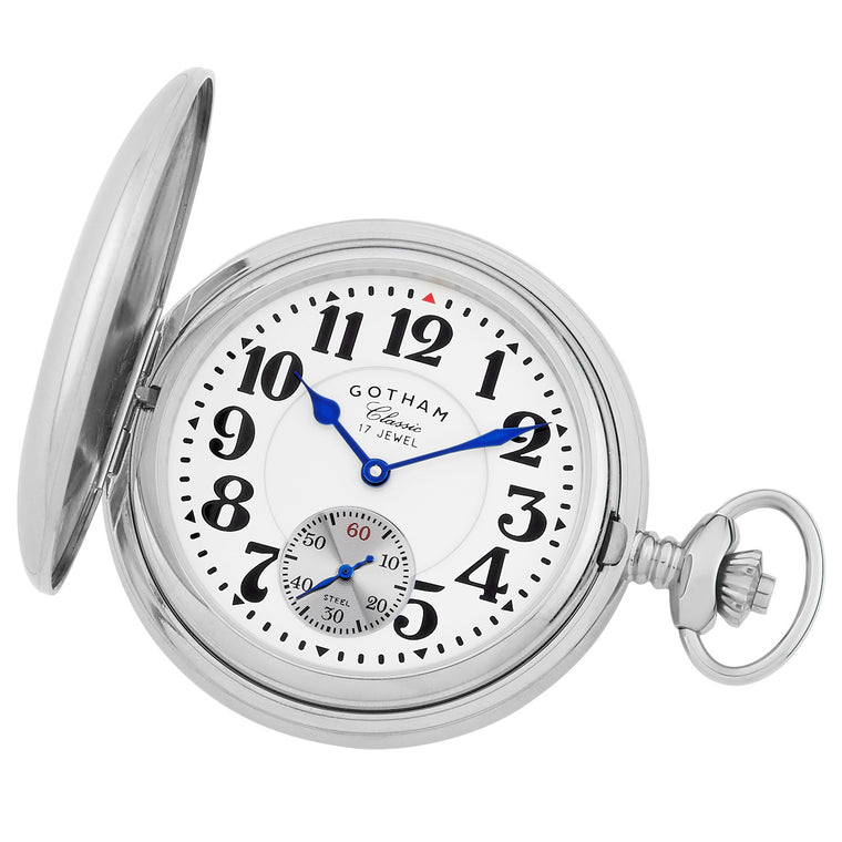 Gotham Men's Classic Silver-Tone Polished Case Double Hunter 17 Jewel Mechanical Pocket Watch # GWC18808S