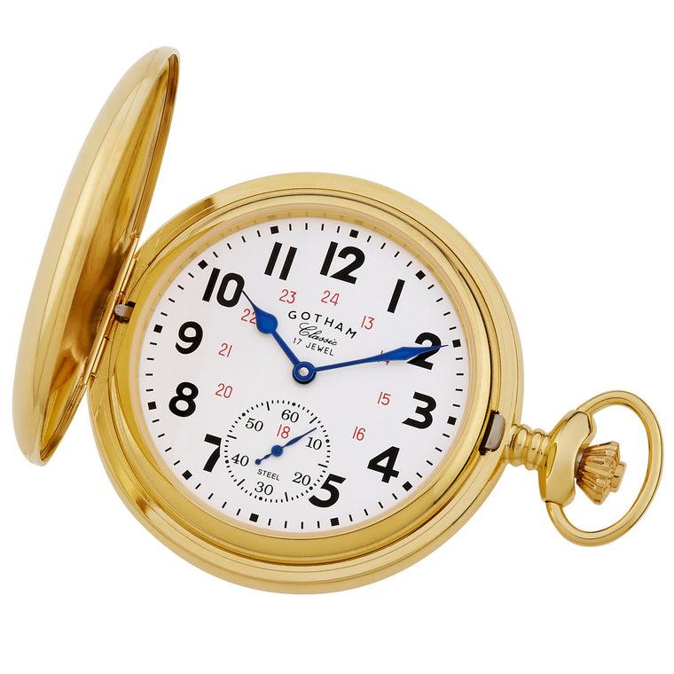 Gotham Men's Classic Gold-Tone Polished Case Double Hunter 17 Jewel Mechanical Pocket Watch # GWC18807G