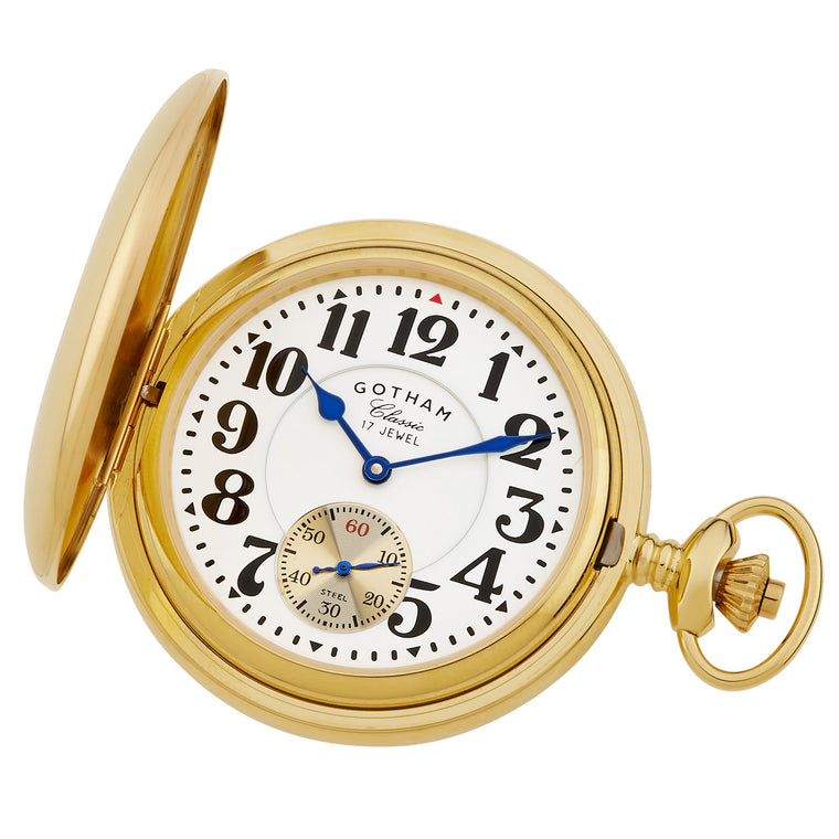 Gotham Men's Classic Gold Plated Polished Case Double Hunter 17 Jewel Mechanical Pocket Watch # GWC18808G