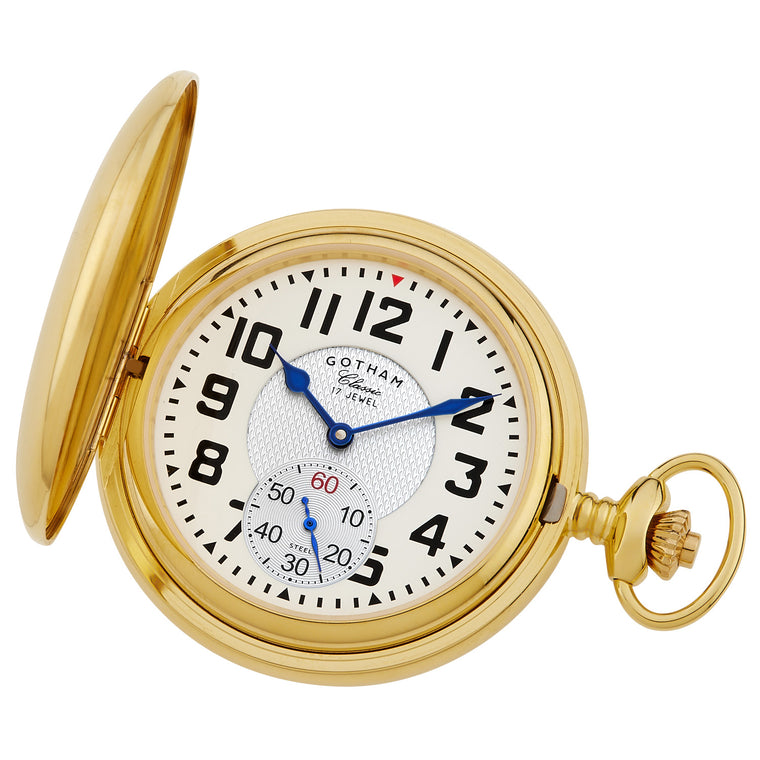 Gotham Men's Classic Gold Plated Polished Case Double Hunter 17 Jewel Mechanical Pocket Watch # GWC18809G