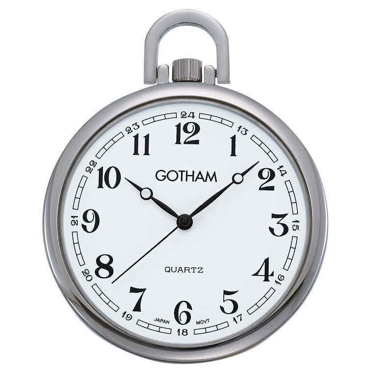 Gotham Men's Silver-Tone Slim Railroad Open Face Quartz Pocket Watch # GWC15028SA - Gotham Watch