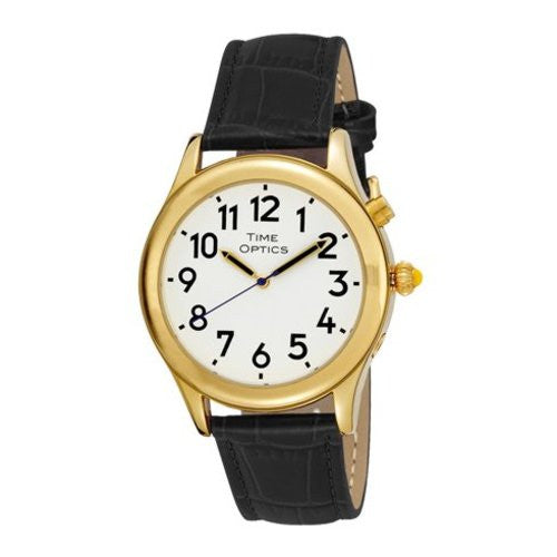 TimeOptics Men's Talking Gold-Tone Day Date Alarm Leather Strap Watch # GWC128GBK - Gotham Watch