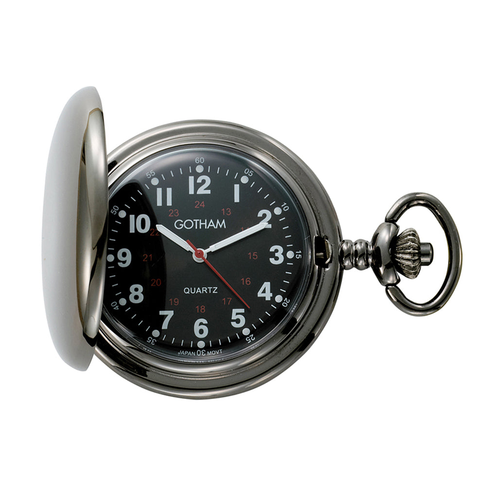 Gotham Men's Gunmetal Black Dial Covered Quartz Pocket Watch # GWC15042BBK